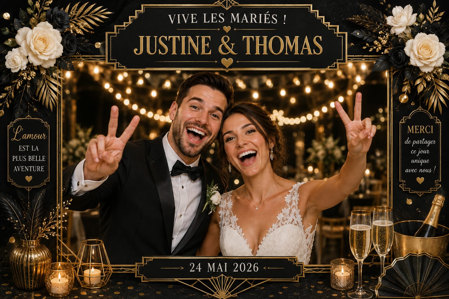 Cadre photobooth mariage noir et or style Gatsby