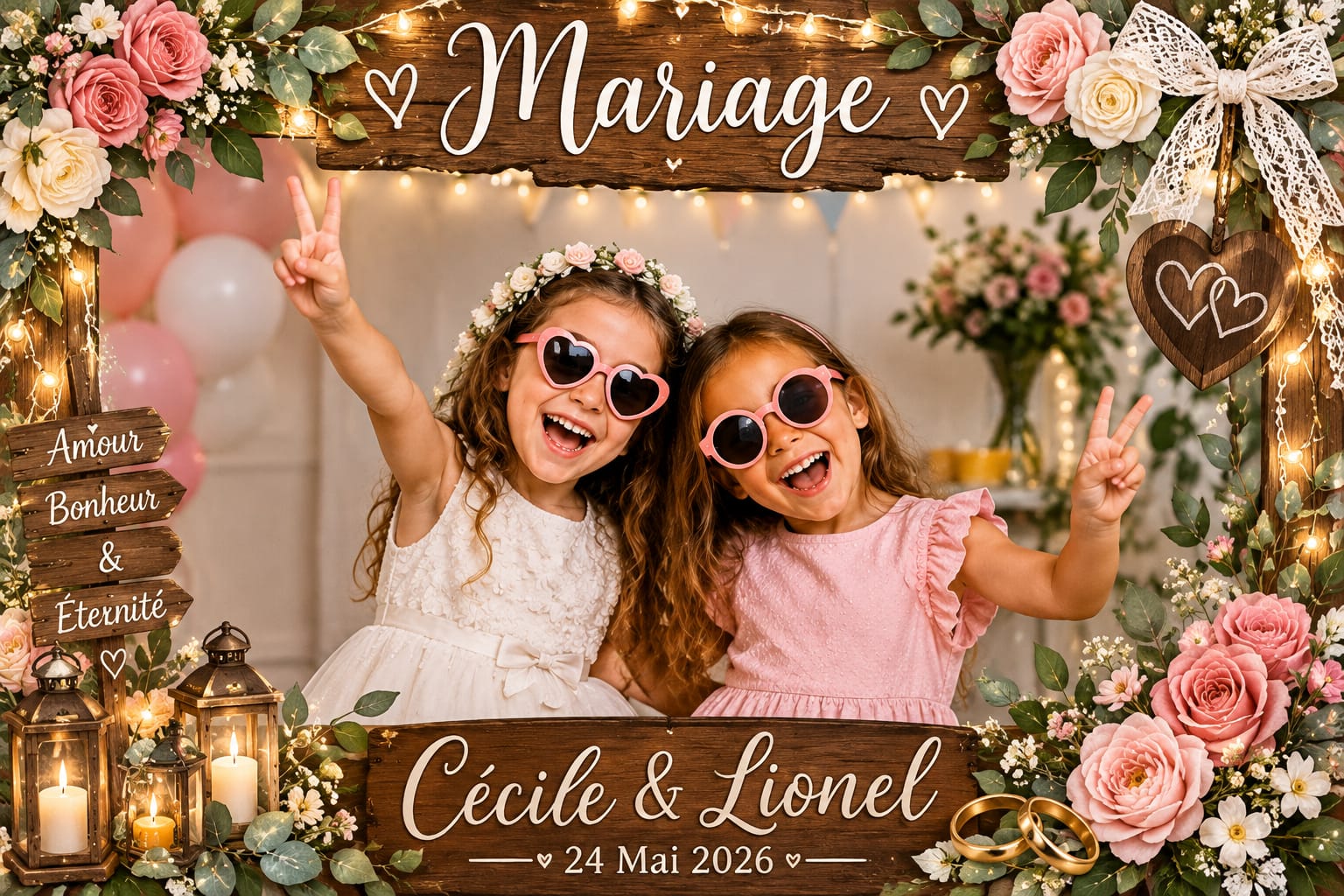 Cadre photobooth mariage rustique fleuri bois et roses