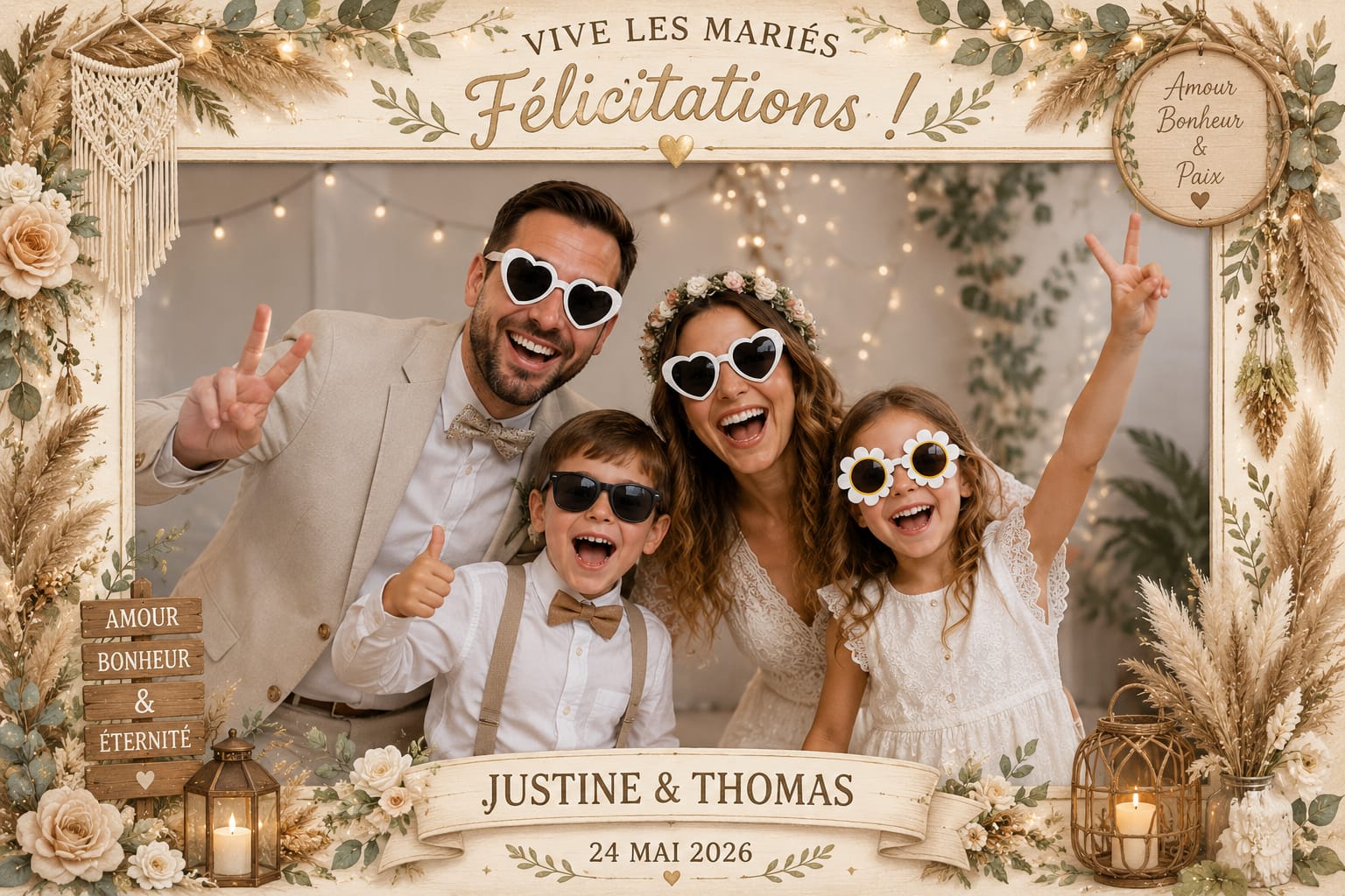 Cadre photobooth mariage bohème naturel pampas