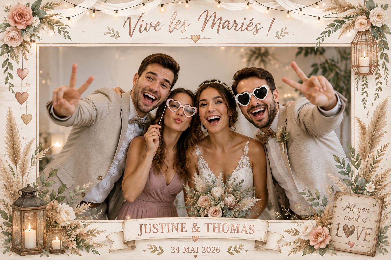 Cadre photobooth mariage romantique rose poudré et eucalyptus