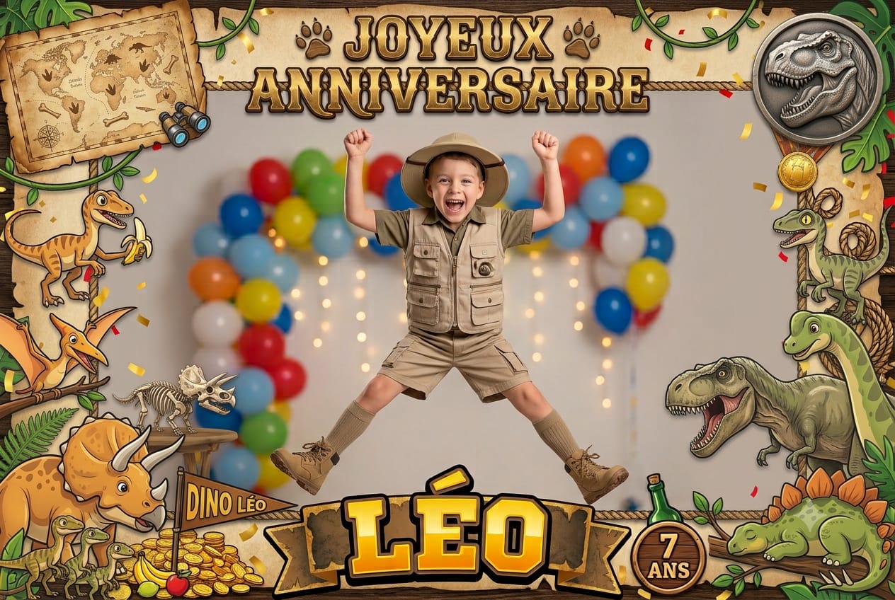 Cadre photobooth anniversaire enfant dinosaures