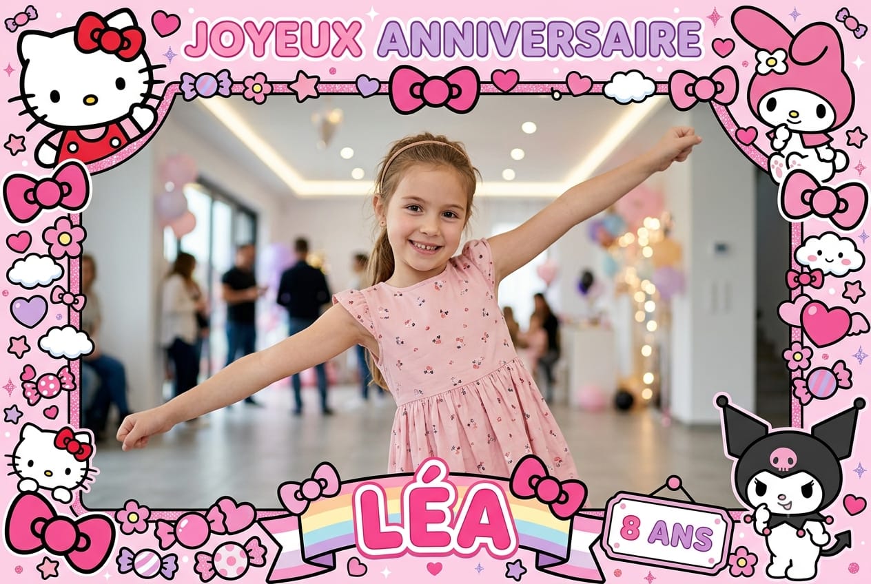 Cadre photobooth anniversaire enfant kawaii rose